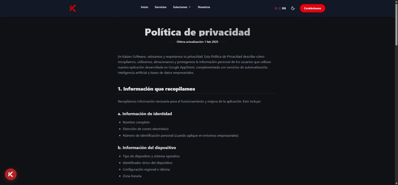 Página de política de privacidad, con la fecha de última actualización y el detalle de datos recopilados