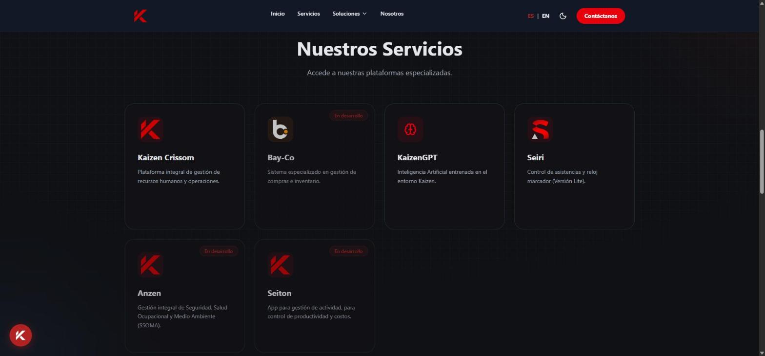 Página de servicios, con las seis plataformas de la empresa y las marcadas como en desarrollo