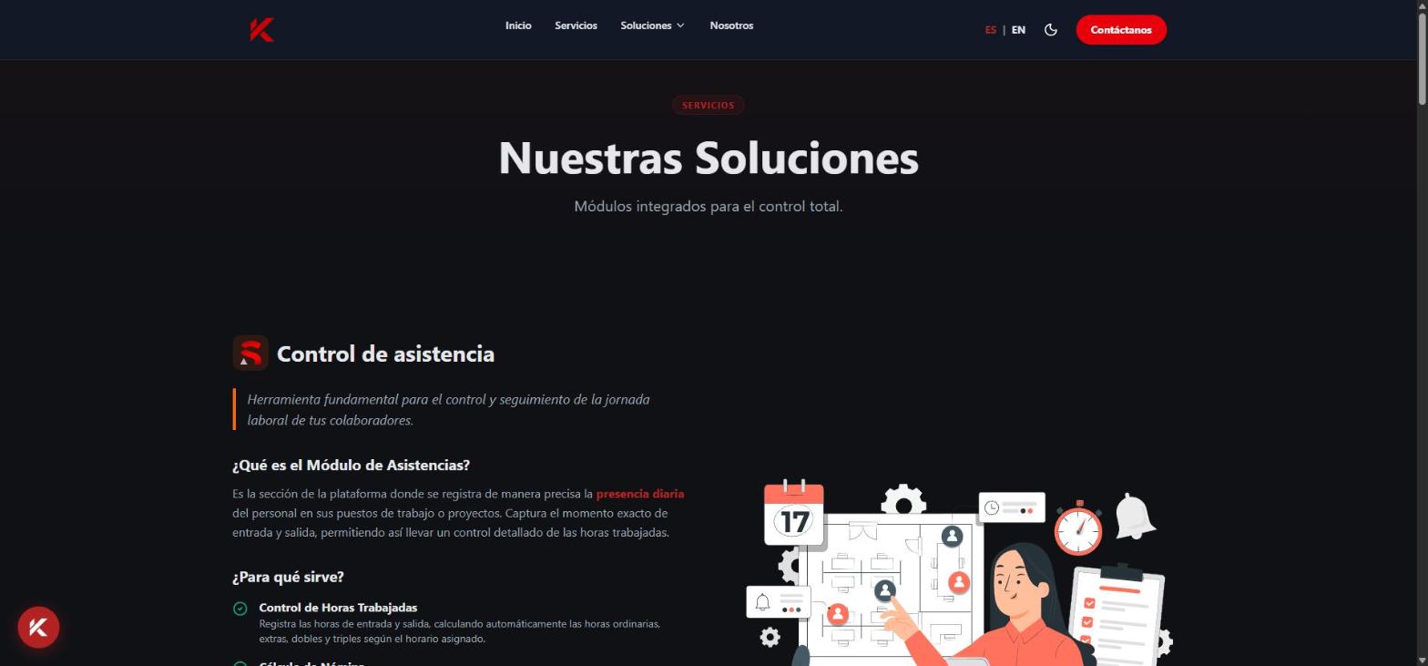 Página de soluciones, con los módulos integrados y el primero desplegado